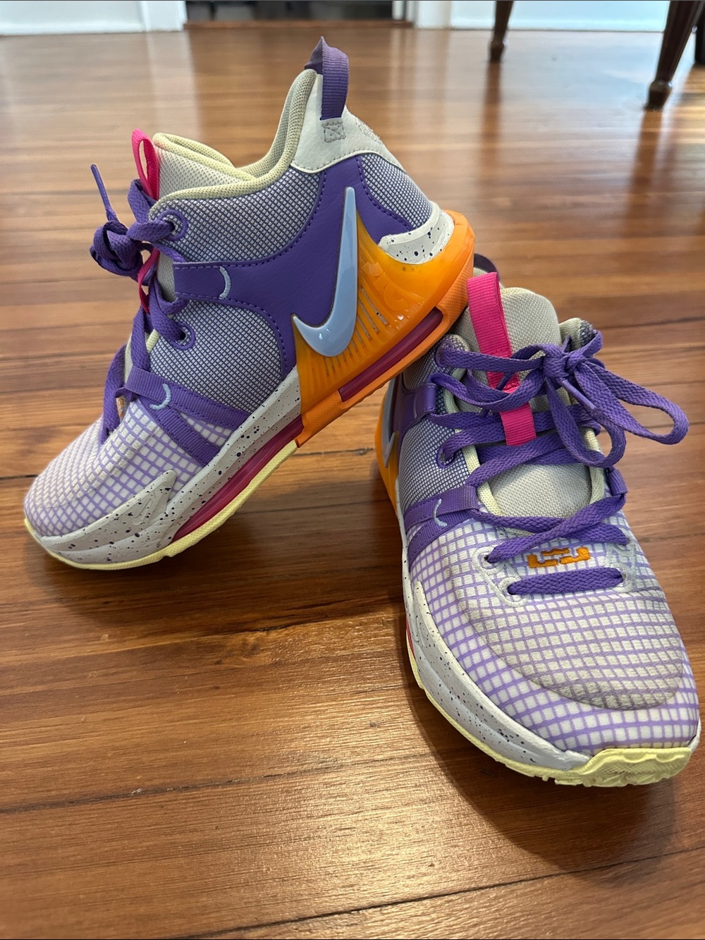 Nike Kids Purple, Pink & Yellow Basketball Sneakers with Blue Swoosh